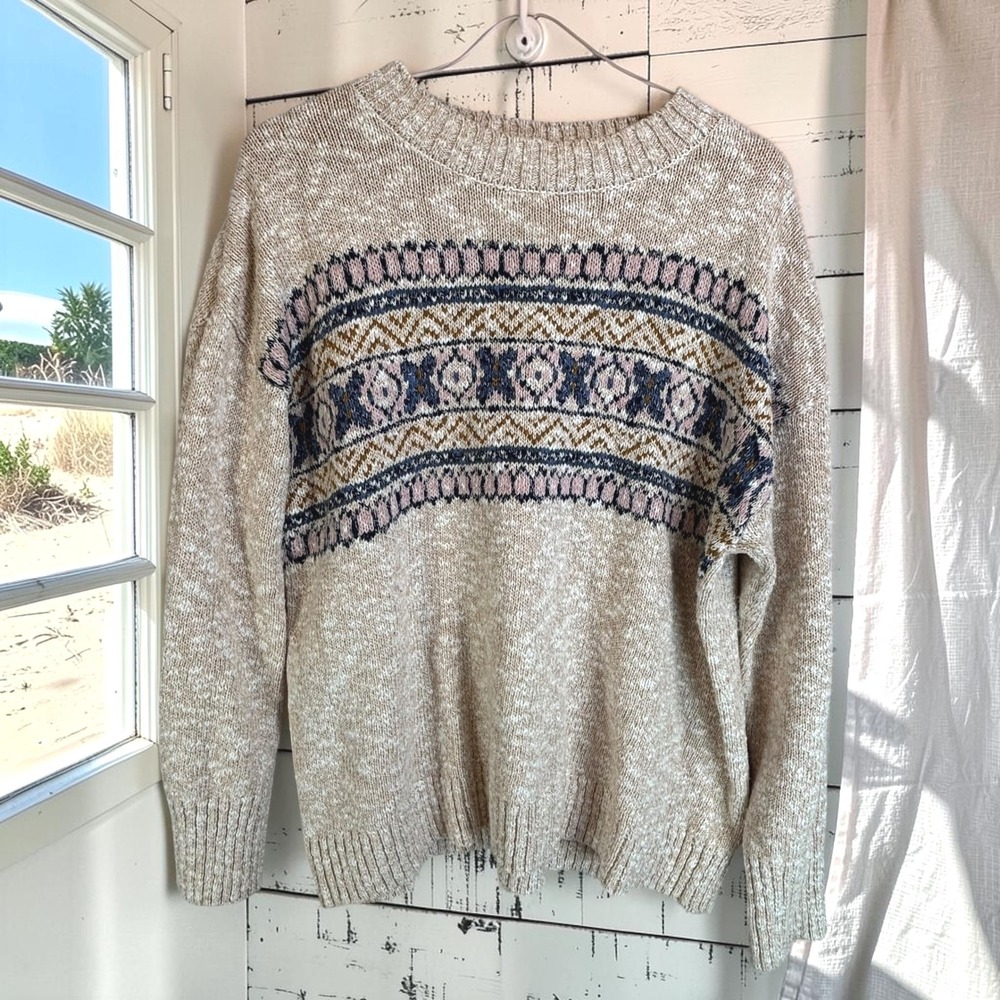 Sweater L.L. Bean 1X Tan 100% Cotton Fair Isle Crewneck Marled Soft Classic